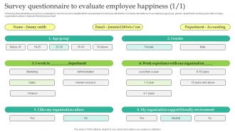 Survey Questionnaire To Evaluate Employee Happiness Survey SS