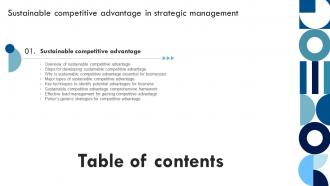 Sustainable Competitive Advantage In Strategic Management For Table Of Contents