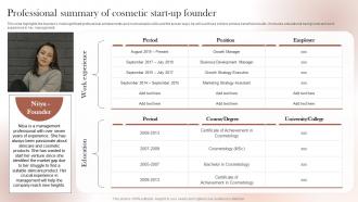 Sustainable Cosmetic Business Plan Professional Summary Of Cosmetic Start Up Founder BP SS