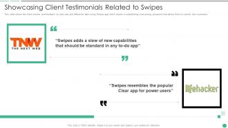 Swipes Investor Funding Elevator Pitch Deck Showcasing Client Testimonials Related To Swipes