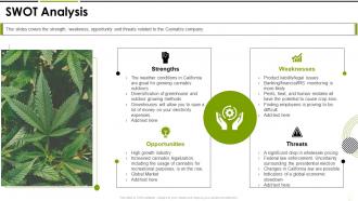 Swot analysis cannabis investor funding elevator ppt pictures backgrounds