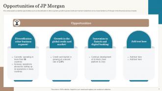 A slide detailing opportunities for JP Morgan in diversifying other business segments, growth in the global credit card market, and innovation in fintech and digital banking