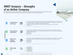 Swot analysis strengths of an airline company revenue decline in an airline company ppt icon