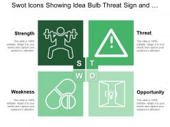 Swot icons showing idea bulb threat sign and builder signifying strength