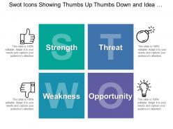 Swot icons showing thumbs up thumbs down and idea bulb for strength and weakness
