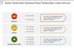 System transformation business product transformation criteria with icons