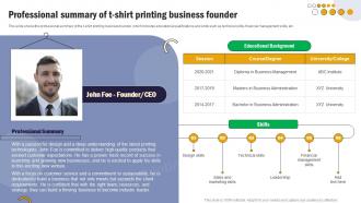T Shirt Printing Professional Summary Of T Shirt Printing Business Founder BP SS