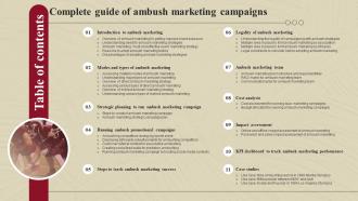 Table Of Content Complete Guide Of Ambush Marketing Campaigns
