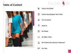 Table of content fashion show detail ppt powerpoint presentation gallery skills