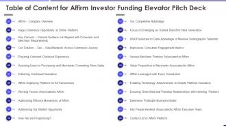 Table Of Content For Affirm Investor Funding Elevator Pitch Deck
