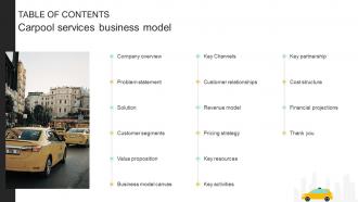 Table Of Content For Carpool Services Business Model Bundles BMC SS V