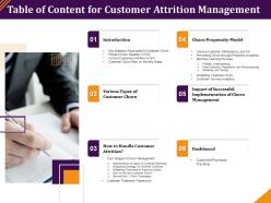 Table of content for customer attrition management key statistics ppt influencers