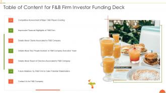 Table of content for f and b firm investor funding deck team ppt powerpoint design ideas