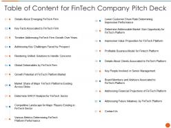 Table of content for fintech company pitch deck fintech service provider investor funding elevator