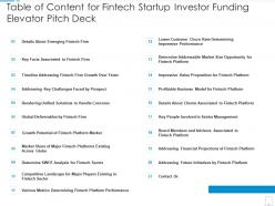 Table Of Content For Fintech Startup Investor Funding Elevator Pitch Deck Ppt Template