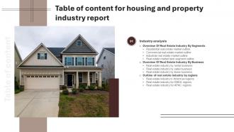 Table Of Content For Housing And Property Industry Report IR SS V