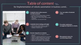 Table Of Content For Implementation Of Robotic Automation In Business Compatible Idea
