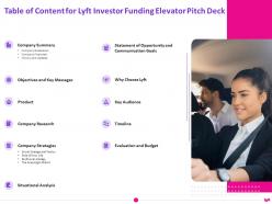 Table of content for lyft investor funding elevator pitch deck ppt slides format ideas