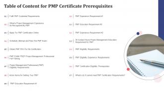 Table of content for pmp certificate prerequisites ppt styles influencers