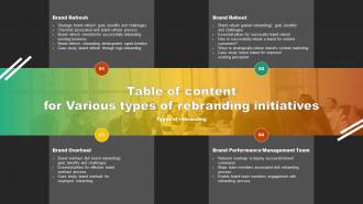 Table Of Content For Various Types Of Various Types Of Rebranding Initiatives Branding SS