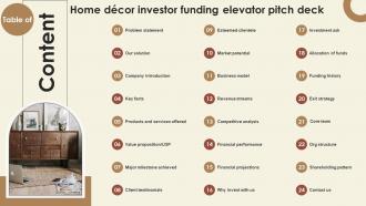Table Of Content Home Decor Investor Funding Elevator Pitch Deck