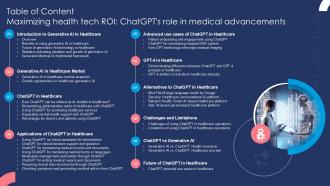 Table Of Content Maximizing Health Tech ROI ChatGPTs Role In Medical Advancements Ppt Slides AI SS V