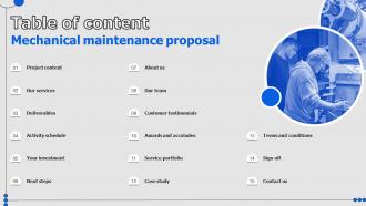 Table Of Content Mechanical Maintenance Proposal Ppt Model Designs