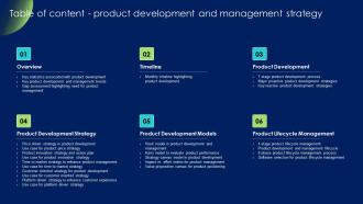 Table Of Content Product Development And Management Strategy