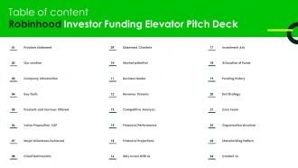 Table Of Content Robinhood Investor Funding Elevator Pitch Deck
