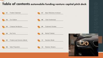 Table Of Contents Automobile Funding Venture Capital Pitch Deck