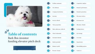 Table Of Contents Bark Box Investor Funding Elevator Pitch Deck