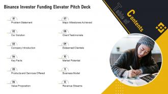 Table Of Contents Binance Investor Funding Elevator Pitch Deck