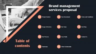Table Of Contents Brand Management Services Proposal Ppt Slides Download
