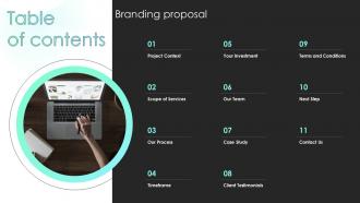 Table Of Contents Branding Proposal Ppt Powerpoint Presentation Portfolio Backgrounds
