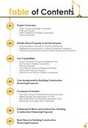 Table Of Contents Building Construction Financing Proposal One Pager Sample Example Document