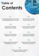 Table Of Contents Building Maintenance Proposal One Pager Sample Example Document