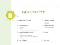 Table of contents campaign setup and execution ppt powerpoint presentation visual aids styles