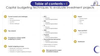 Table Of Contents Capital Budgeting Techniques To Evaluate Investment Projects