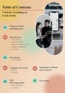 Table Of Contents Celebrity Branding On Social Media One Pager Sample Example Document