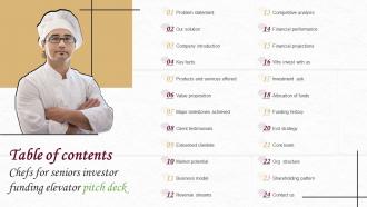 Table Of Contents Chefs For Seniors Investor Funding Elevator Pitch Deck