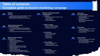 Table Of Contents Complete Guide To Launch Marketing Campaign Strategy SS V