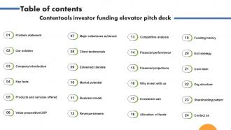 Table Of Contents Contentools Investor Funding Elevator Pitch Deck