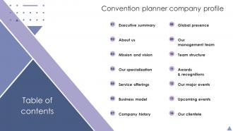 Table Of Contents Convention Planner Company Profile Ppt File Background Designs