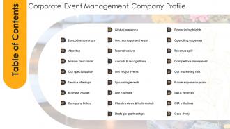 Table Of Contents Corporate Event Management Company Profile