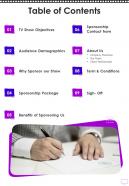 Table Of Contents Corporate Sponsorship Proposal For A Tv Show One Pager Sample Example Document
