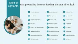 Table Of Contents Data Processing Investor Funding Elevator Pitch Deck