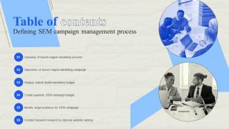 Table Of Contents Defining SEM Campaign Management Process Ppt Slides