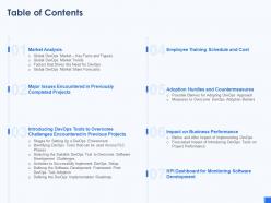 Table of contents devops tools and framework it ppt professional