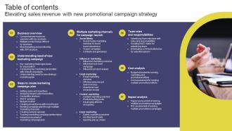 Table Of Contents Elevating Sales Revenue With New Promotional Campaign Strategy Strategy SS V