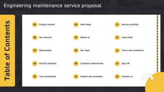 Table Of Contents Engineering Maintenance Service Proposal Ppt Powerpoint Presentation Ideas